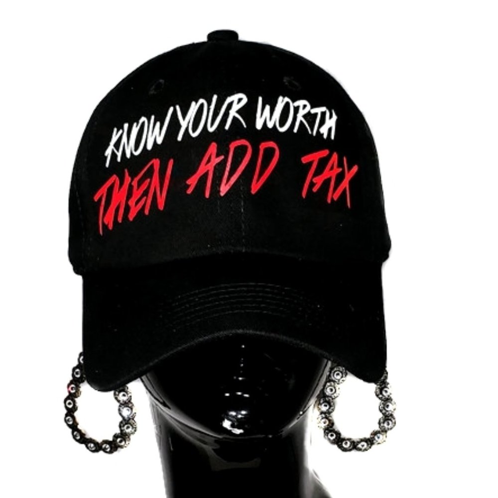 Know Your Worth ~ Then Add Tax Black Fitted Cap.